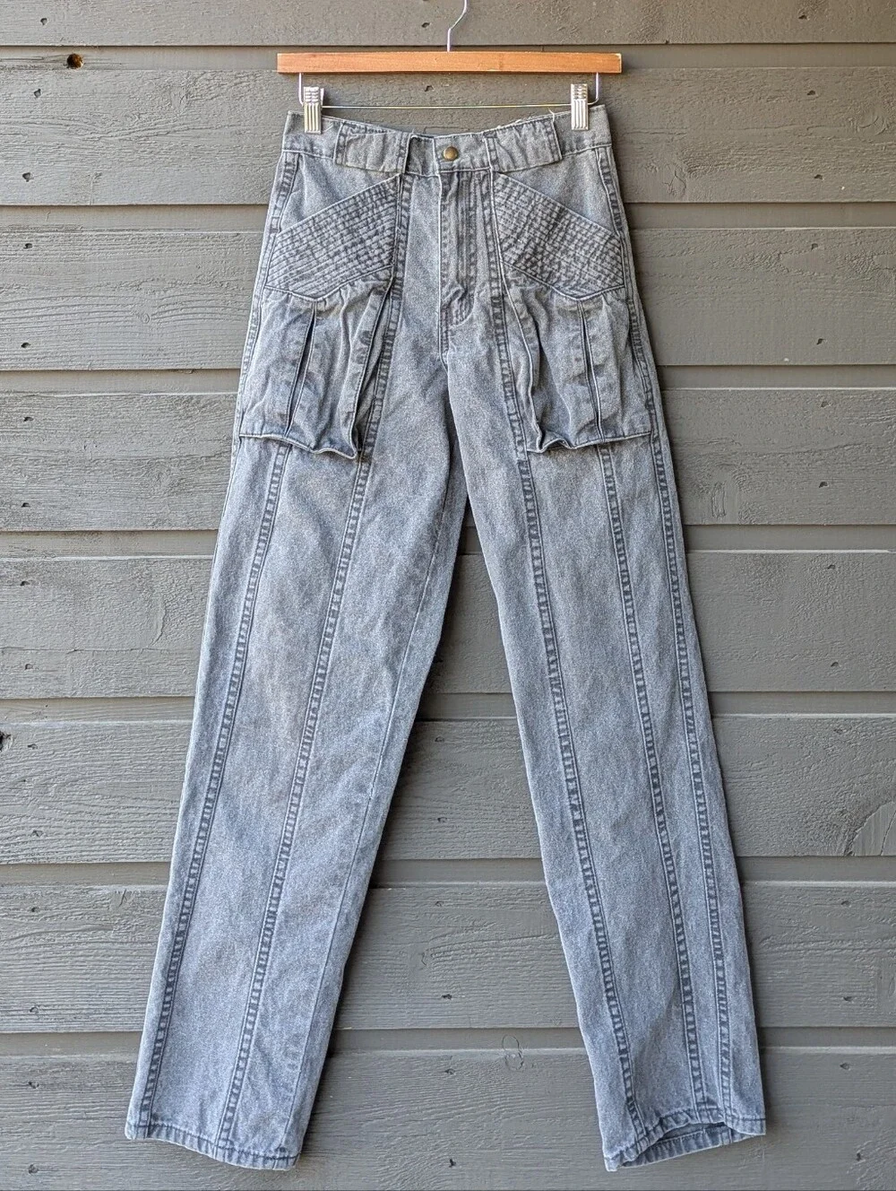 VTG 80s Cotler Patch Pocket Gray Straight Leg Denim Pants Size 27 Military